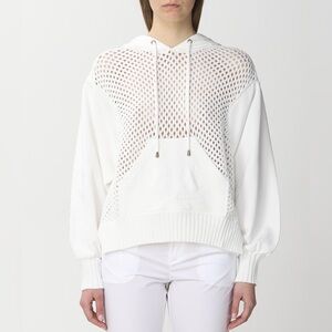 Twinset Perforated Knit White Cotton Blend Logo Stitched Hoodie Sweatshirt NWT S